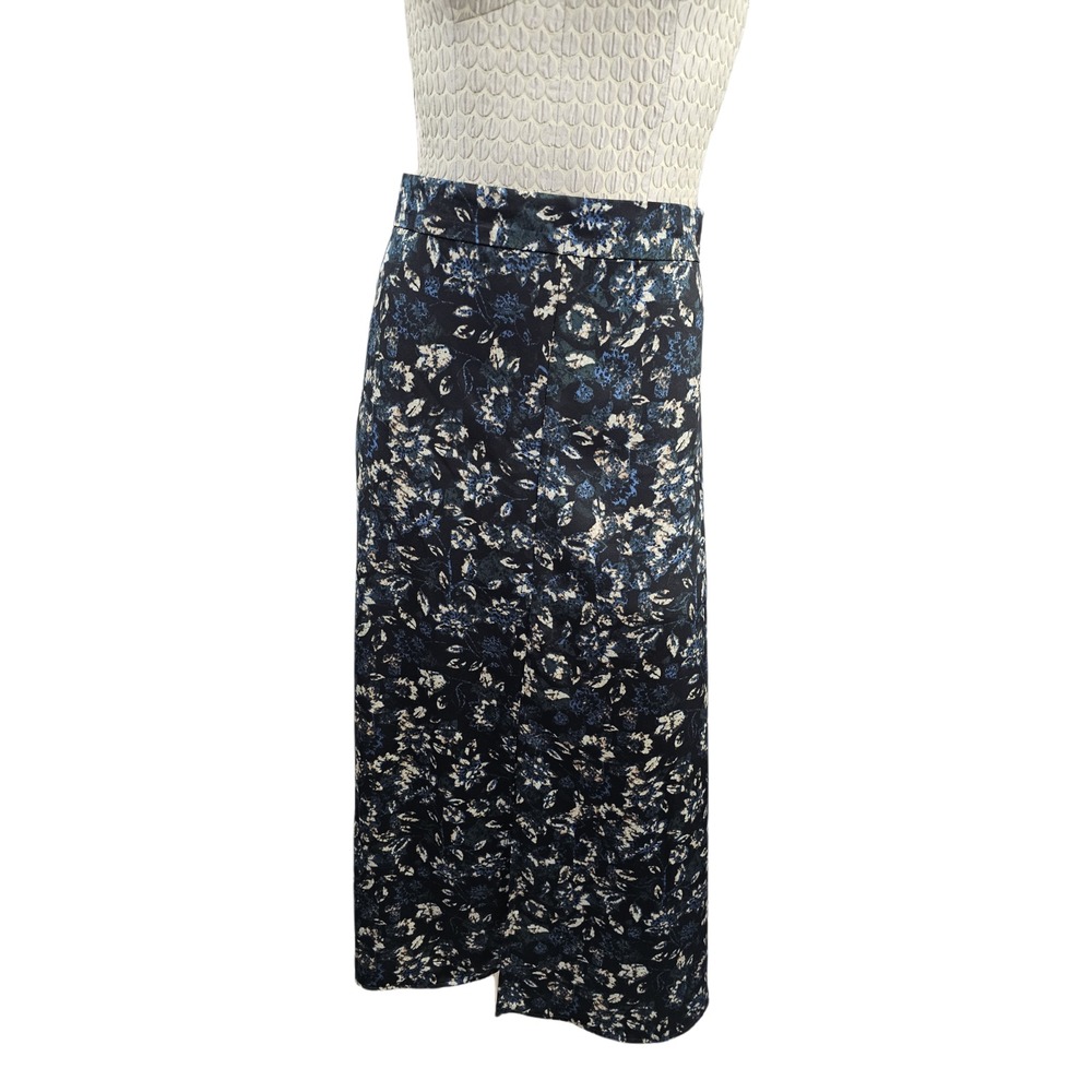 Halogen L Maxi Skirt Stretch Waist Pull On Slinky Side Slit Black Blue Knit EUC